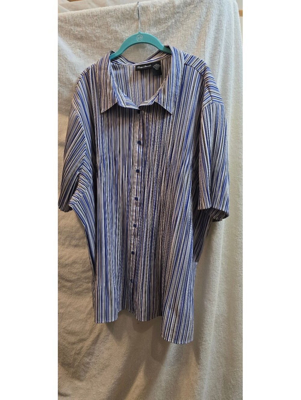 Maggie Barnes 5X Blue Striped Short Sleeve Button Front Shirt